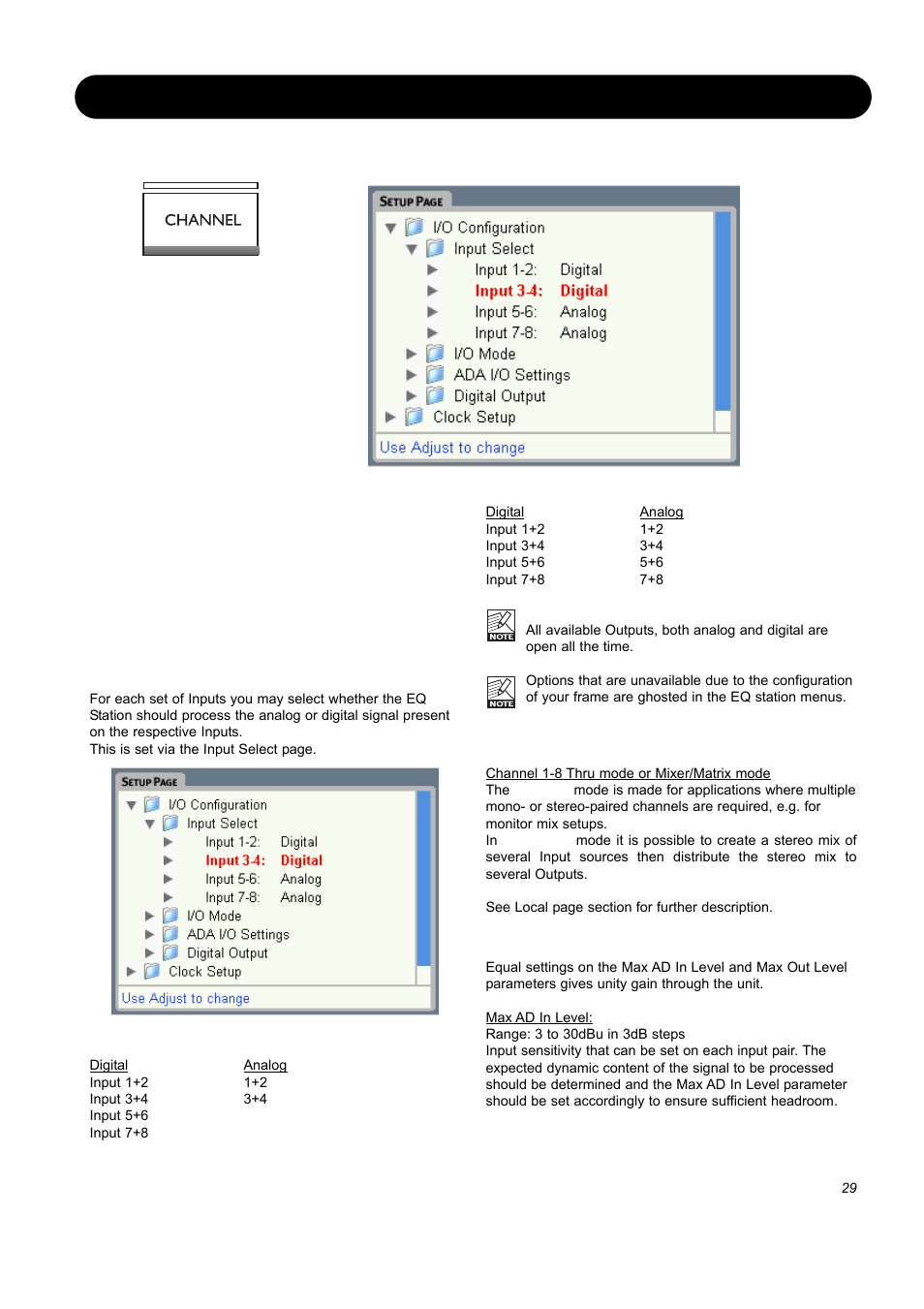 I/o configuration, Input select, I/o mode | Ada i/o settings, Setup page | SIGMA EQ Station User Manual | Page 31 / 49