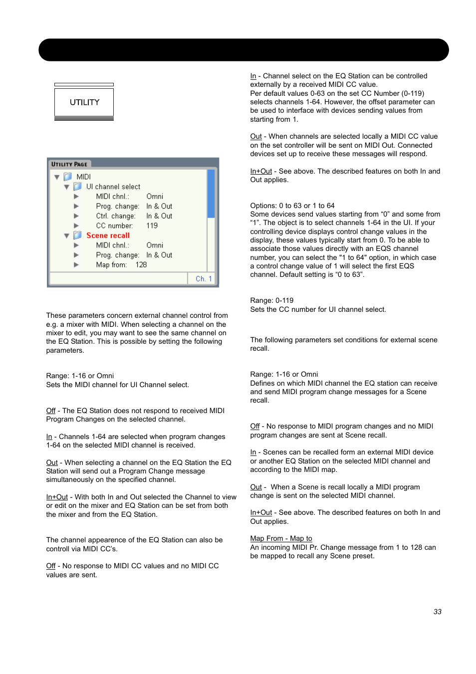 Utility page, Midi - ui channel select, Scene recall | SIGMA EQ Station User Manual | Page 35 / 49