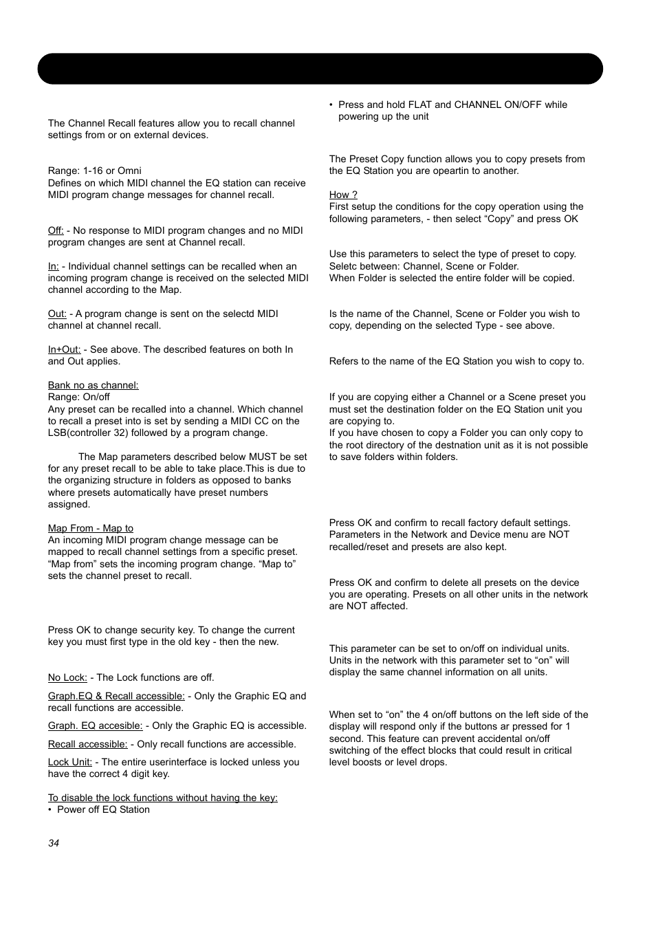Utility page, Channel recall, Security | Preset copy function, System reset, Ui channel sync, On/off button delay | SIGMA EQ Station User Manual | Page 36 / 49