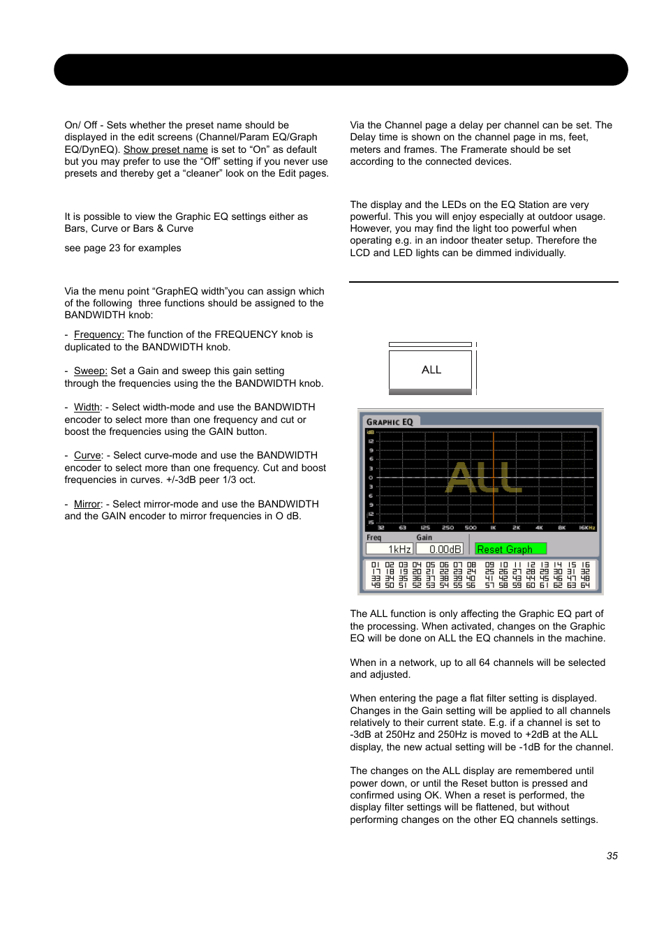 Edit control, All - graphic eq framerate, Lcd light & led light | Show preset name, Grapheq graph, Grapheq width | SIGMA EQ Station User Manual | Page 37 / 49