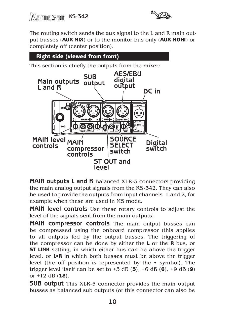 Main outputs l and r, Main level controls, Main compressor controls | Sub output, Right side (viewed from front), Ks-342 | SIGMA KAMESAN KS-342 User Manual | Page 10 / 24
