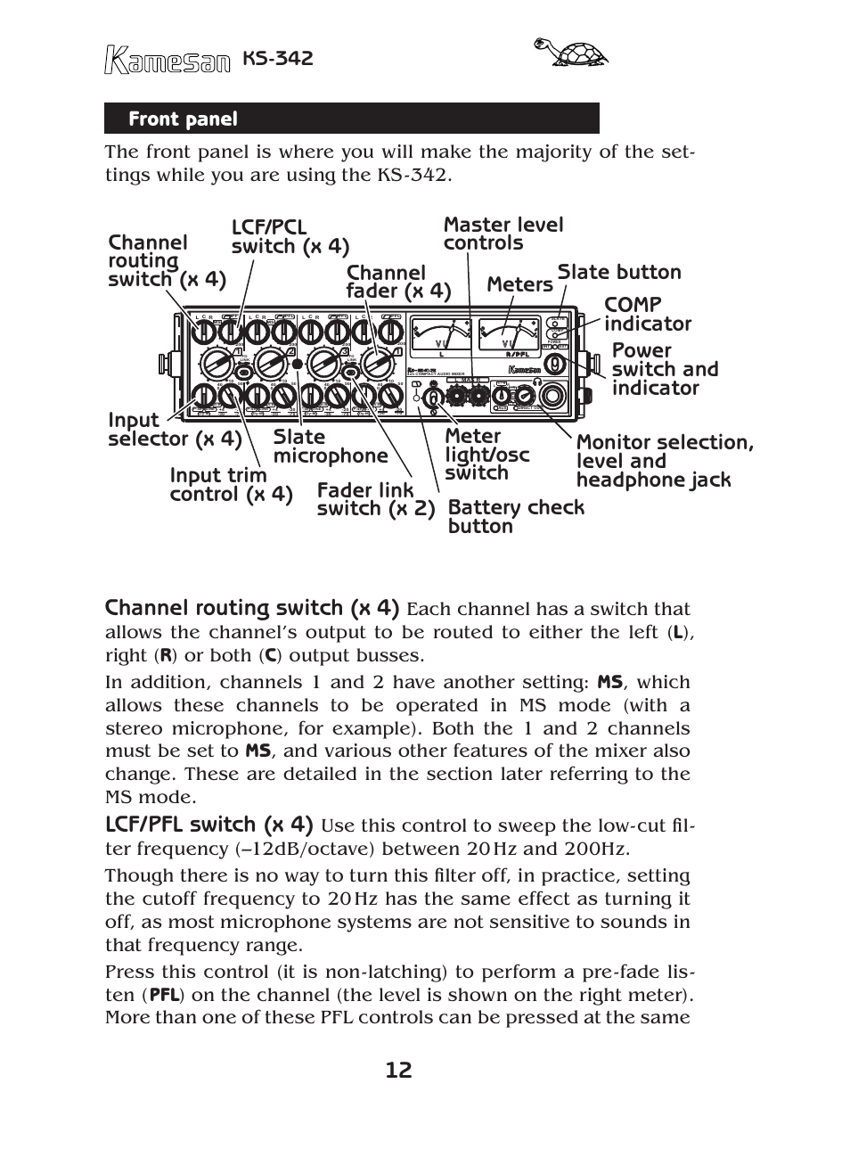 Channel routing switch (x 4), Lcf/pfl switch (x 4), Front panel | Ks-342 | SIGMA KAMESAN KS-342 User Manual | Page 12 / 24