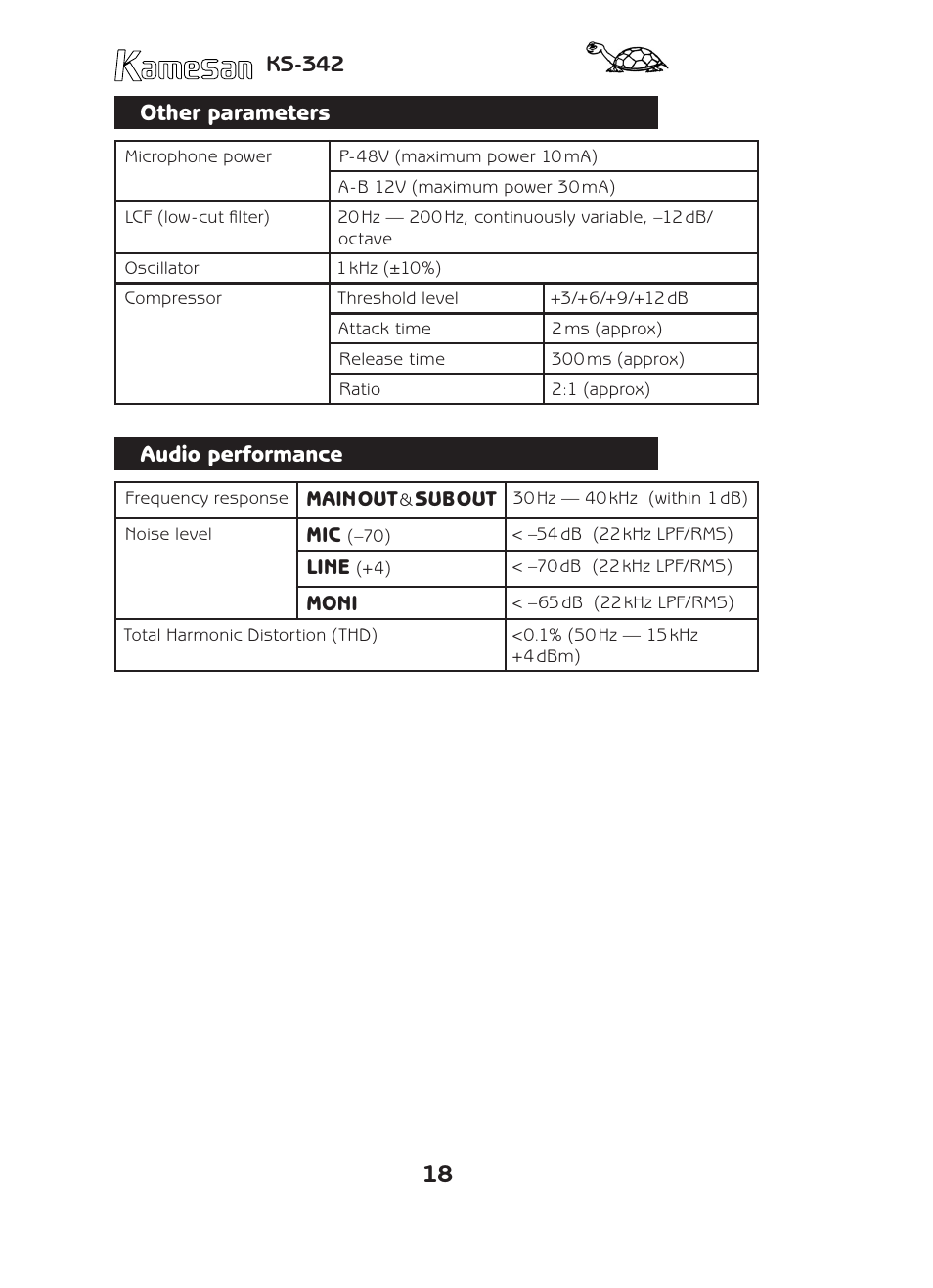 Other parameters, Audio performance | SIGMA KAMESAN KS-342 User Manual | Page 18 / 24
