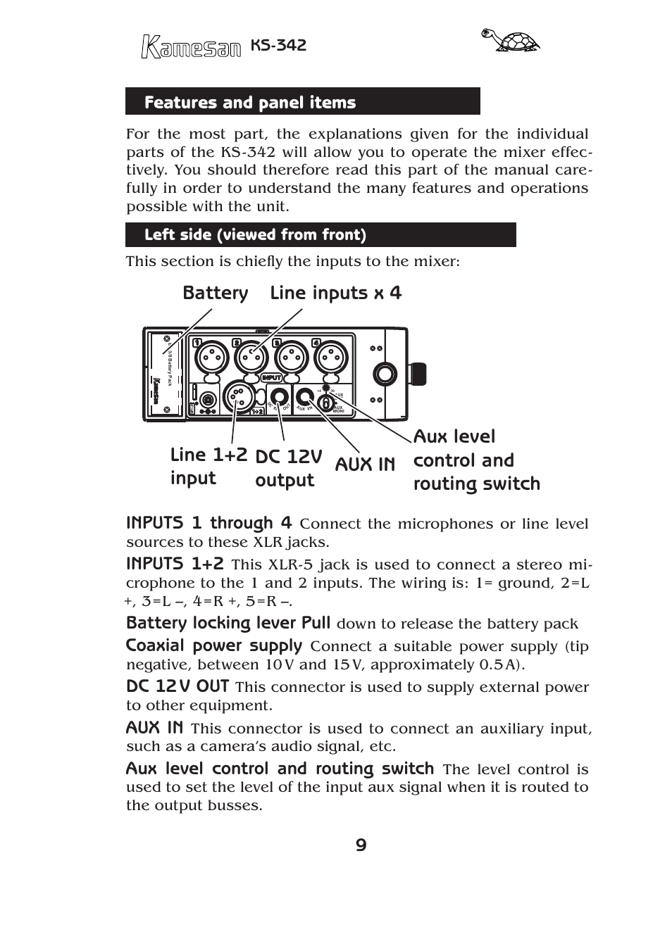 Features and panel items, Inputs 1 through 4, Inputs 1+2 | Battery locking lever pull, Coaxial power supply, Dc 12 v out, Aux in, Aux level control and routing switch, Ks-342, Left side (viewed from front) | SIGMA KAMESAN KS-342 User Manual | Page 9 / 24
