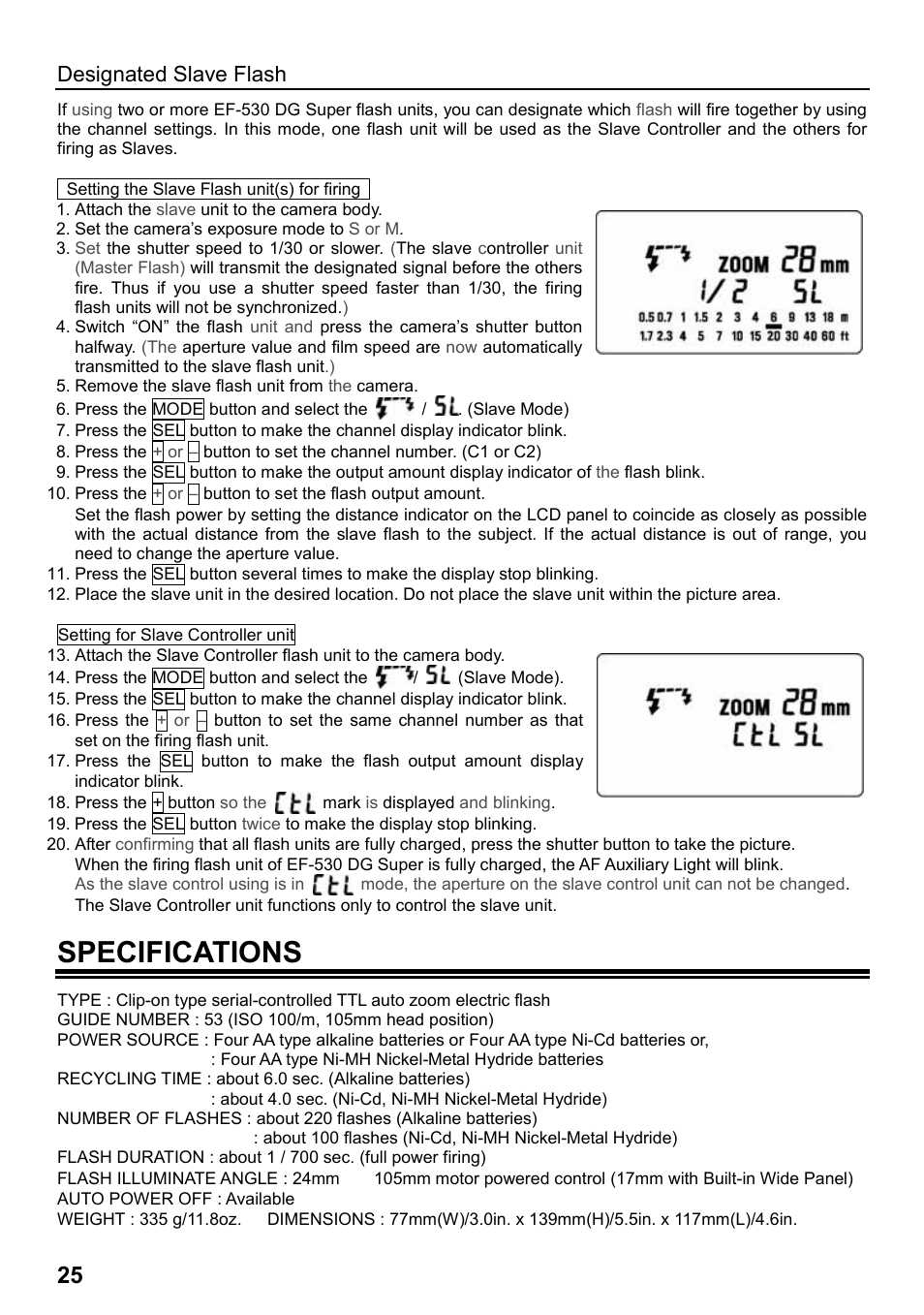 Specifications, Designated slave flash | SIGMA EF-530 User Manual | Page 12 / 12