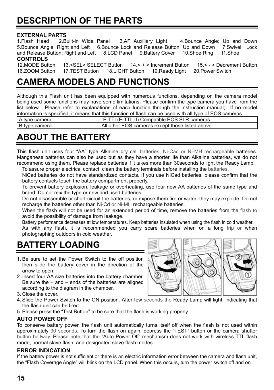 Description of the parts, Camera models and functions, About the battery | Battery loading | SIGMA EF-530 User Manual | Page 2 / 12