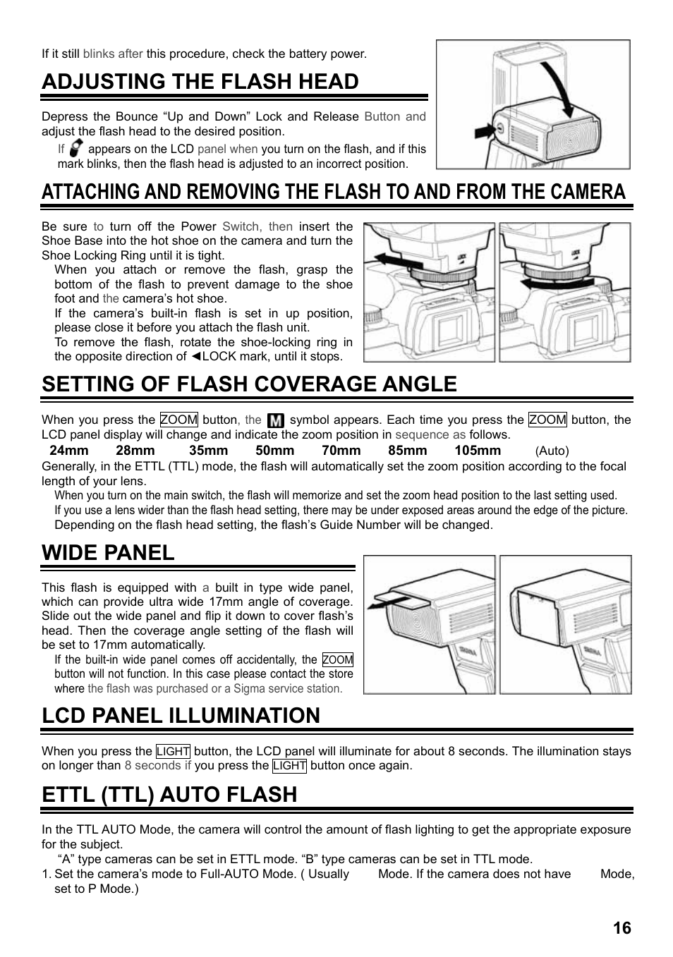 Adjusting the flash head, Setting of flash coverage angle, Wide panel | Lcd panel illumination, Ettl (ttl) auto flash | SIGMA EF-530 User Manual | Page 3 / 12
