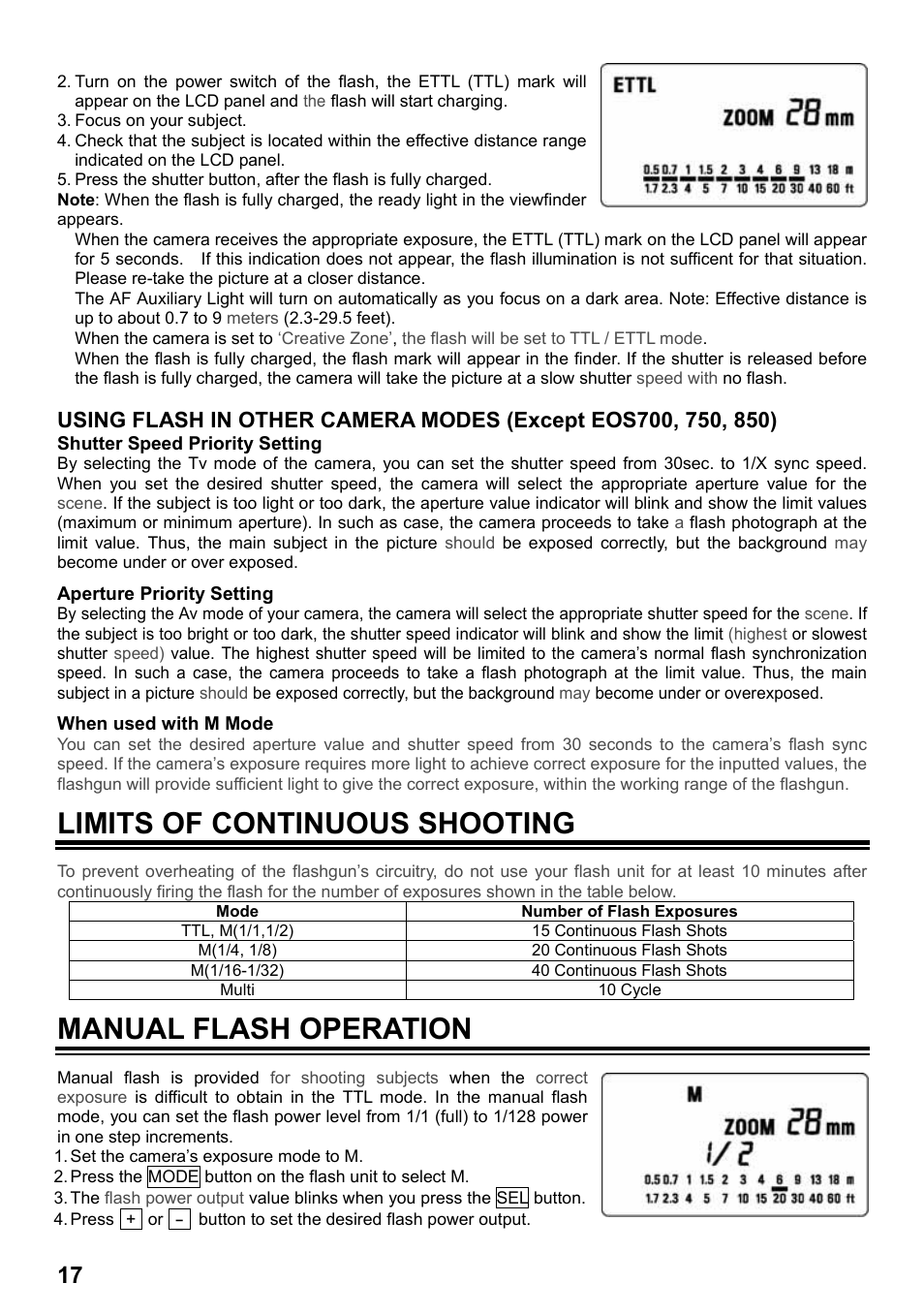 Limits of continuous shooting, Manual flash operation | SIGMA EF-530 User Manual | Page 4 / 12