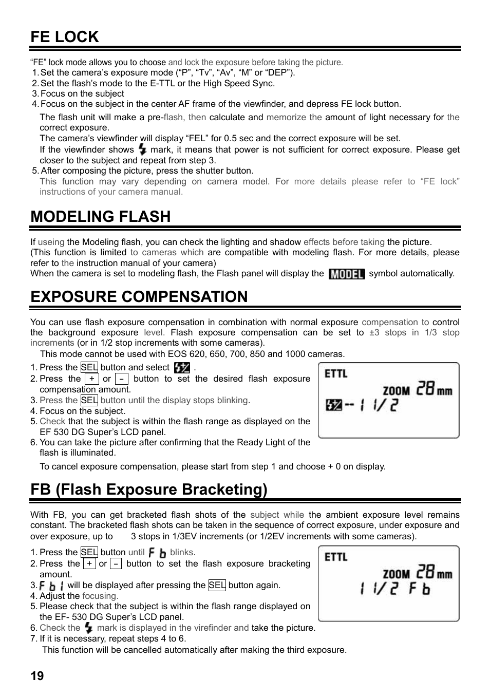 Fe lock, Modeling flash, Exposure compensation | Fb (flash exposure bracketing) | SIGMA EF-530 User Manual | Page 6 / 12