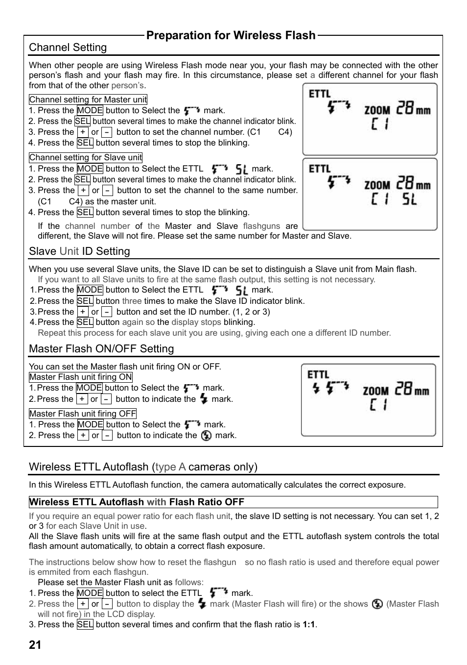 Preparation for wireless flash, Channel setting, Slave unit id setting | Master flash on/off setting, Wireless ettl autoflash ( type a cameras only) | SIGMA EF-530 User Manual | Page 8 / 12