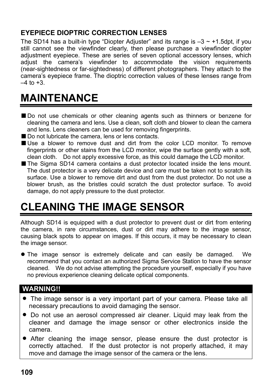 Maintenance, Cleaning the image sensor | SIGMA SD14 User Manual | Page 110 / 124