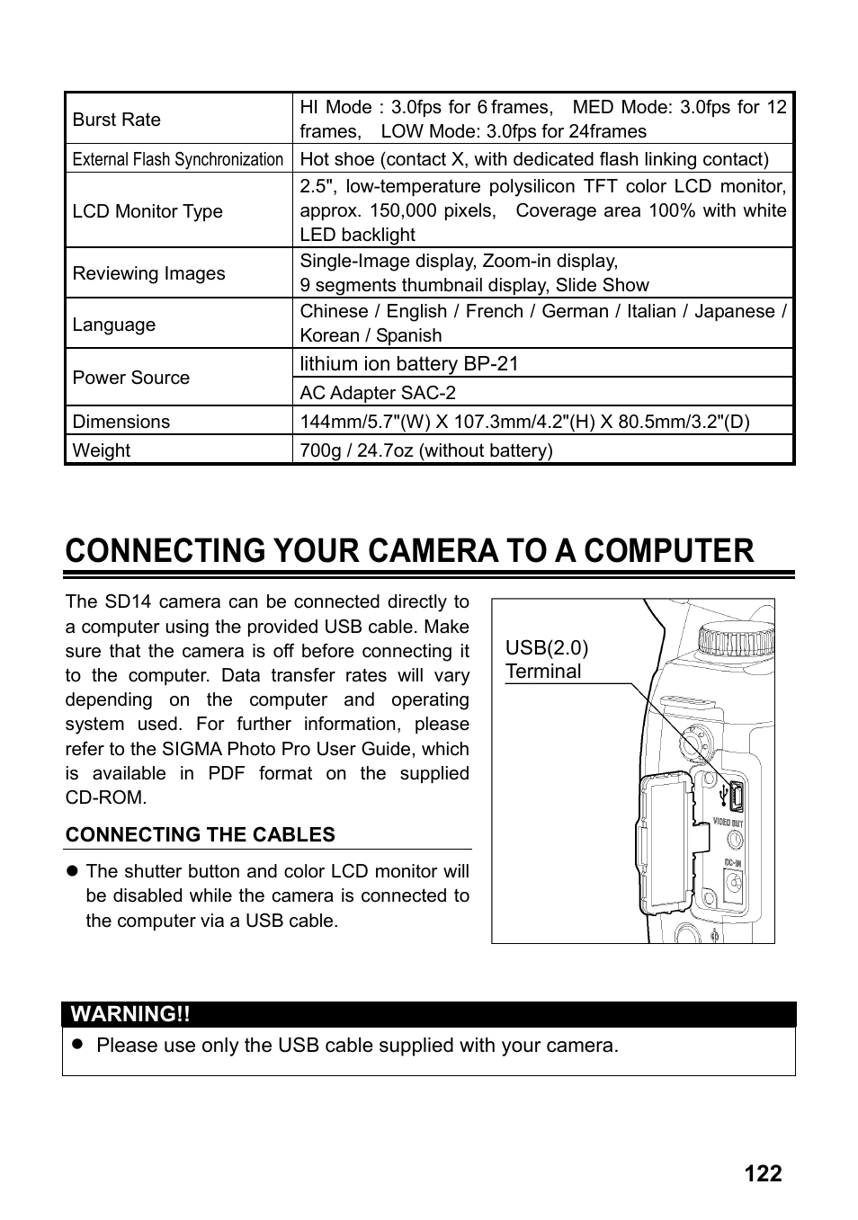 Connecting your camera to a computer | SIGMA SD14 User Manual | Page 123 / 124