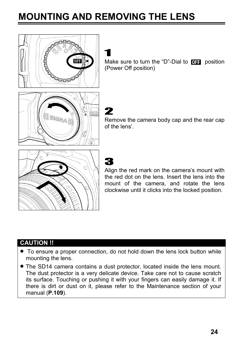 Mounting and removing the lens | SIGMA SD14 User Manual | Page 25 / 124