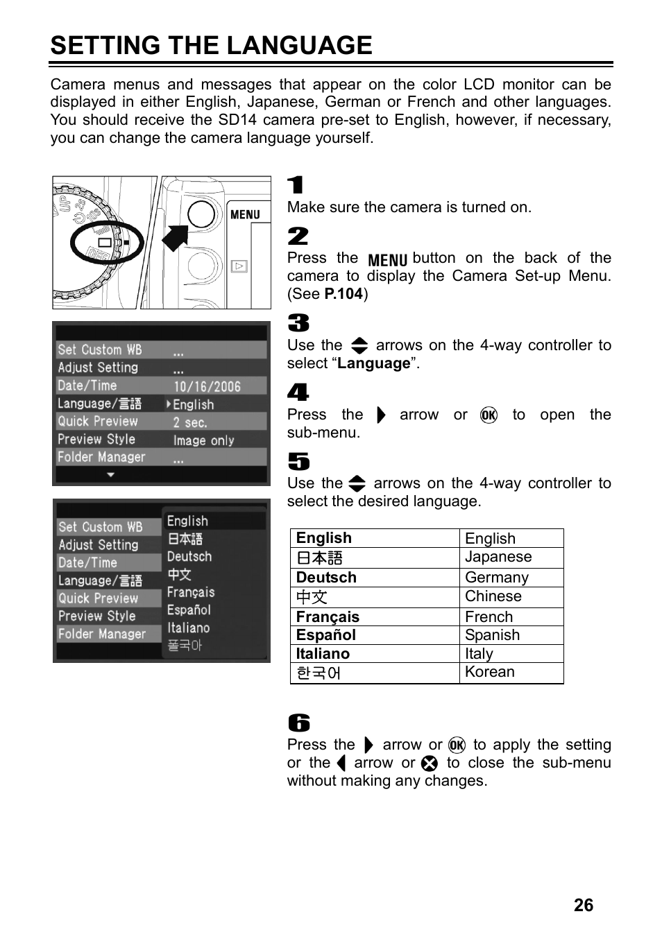 Setting the language | SIGMA SD14 User Manual | Page 27 / 124