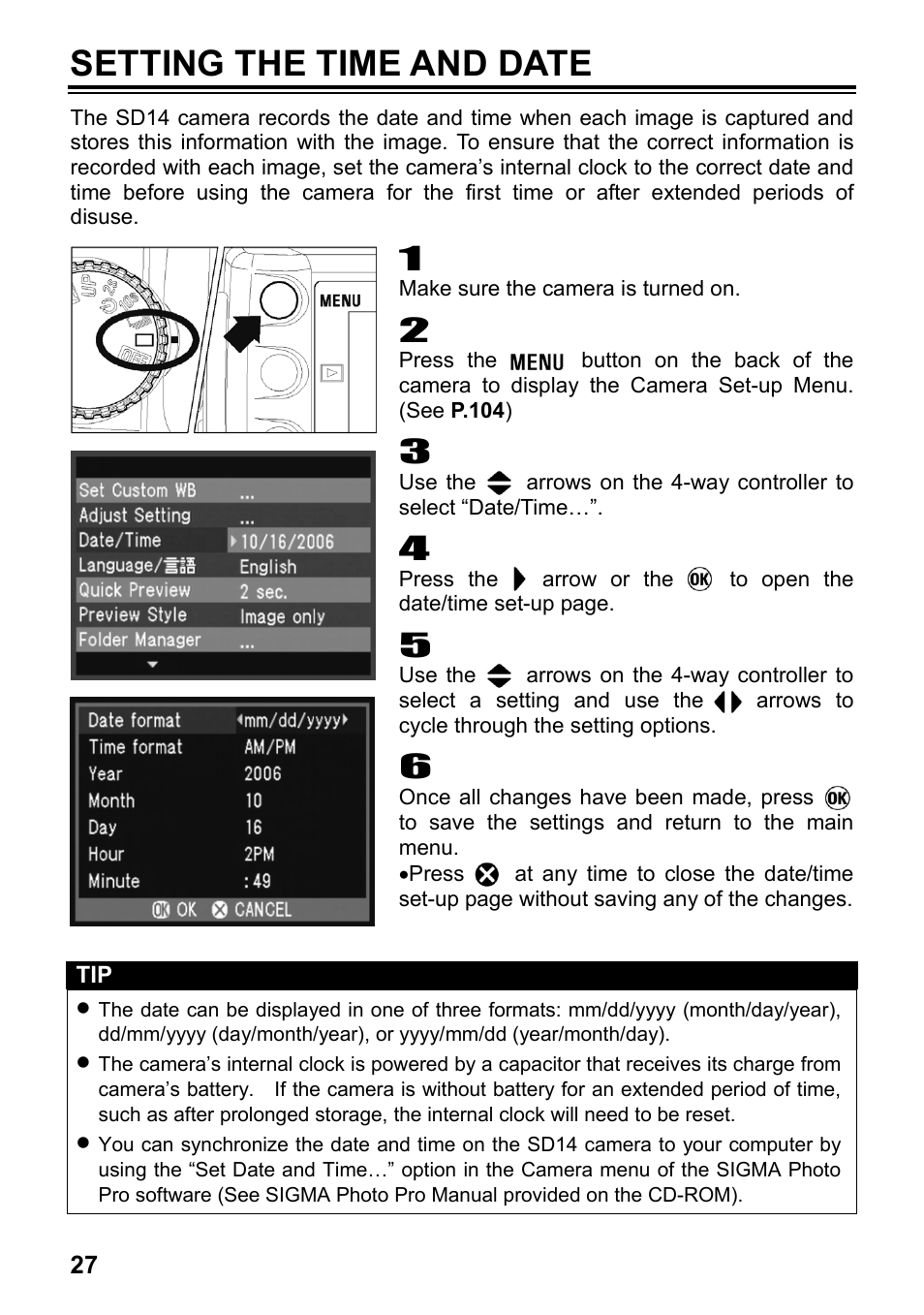 Setting the time and date | SIGMA SD14 User Manual | Page 28 / 124