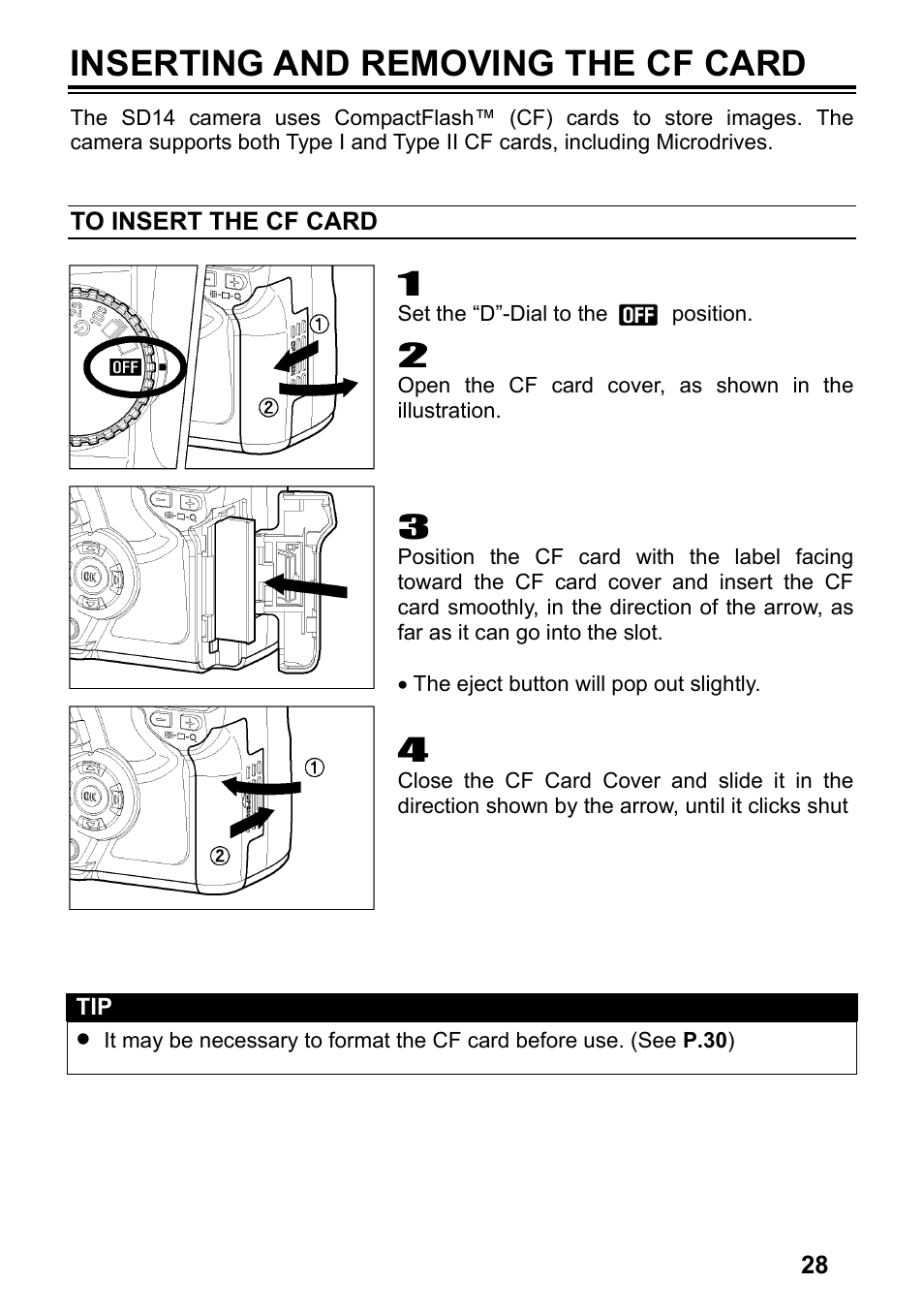 Inserting and removing the cf card | SIGMA SD14 User Manual | Page 29 / 124