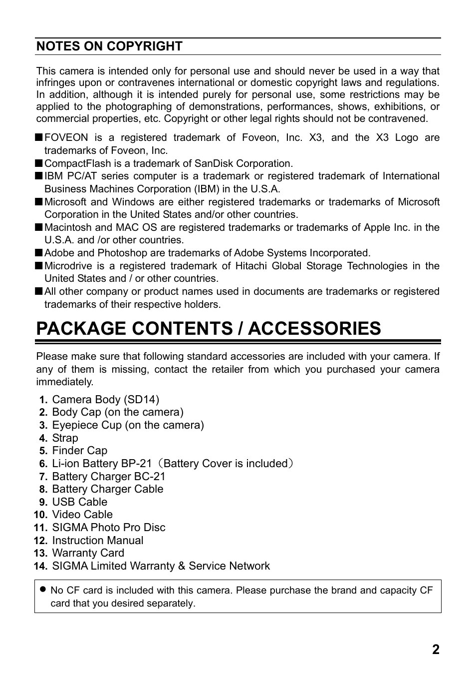 Package contents / accessories | SIGMA SD14 User Manual | Page 3 / 124