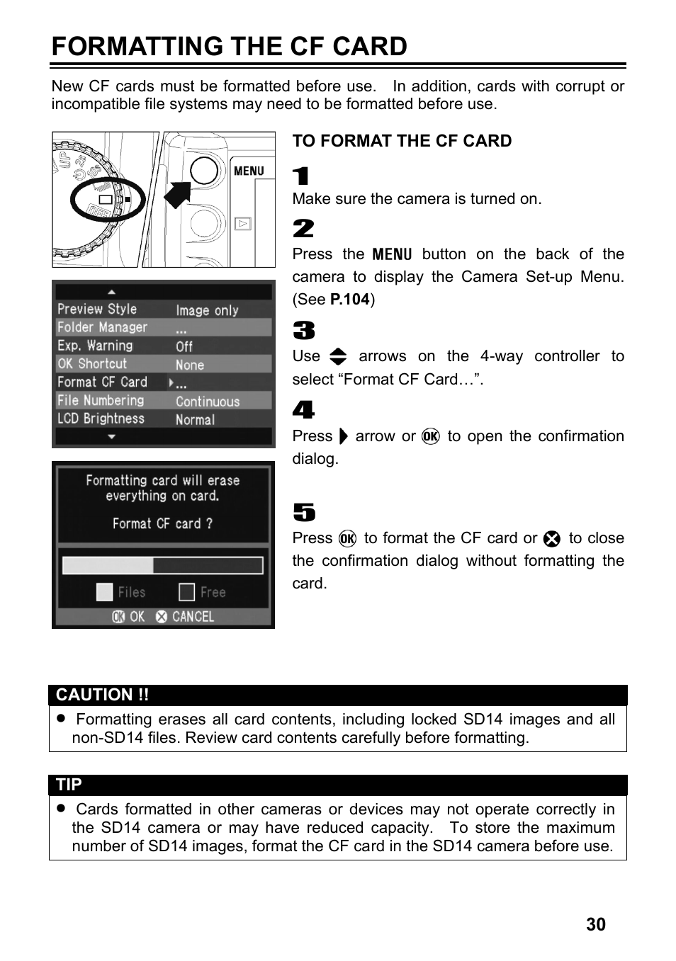 Formatting the cf card | SIGMA SD14 User Manual | Page 31 / 124