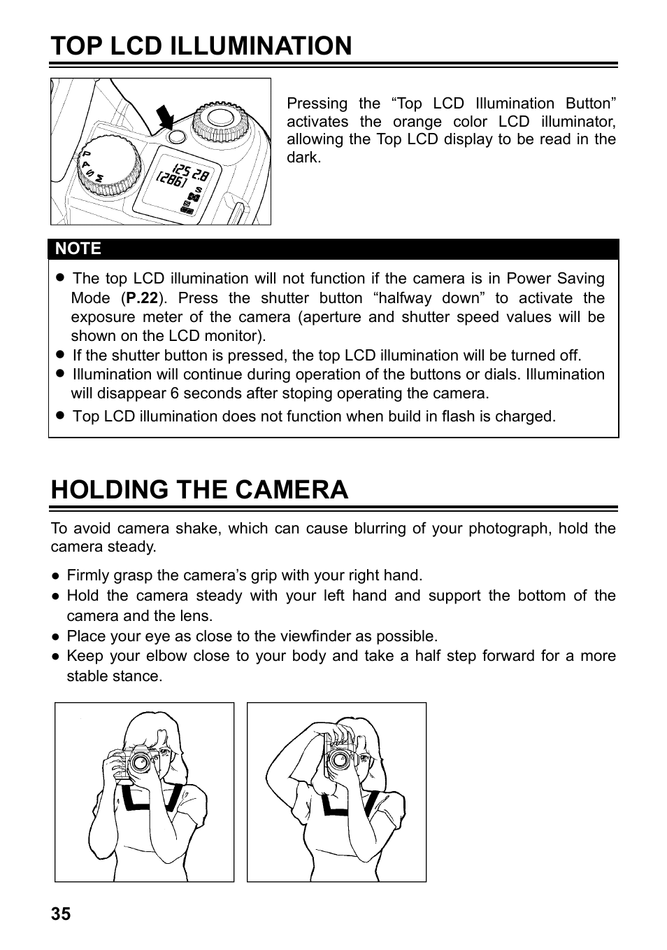 Top lcd illumination, Holding the camera | SIGMA SD14 User Manual | Page 36 / 124