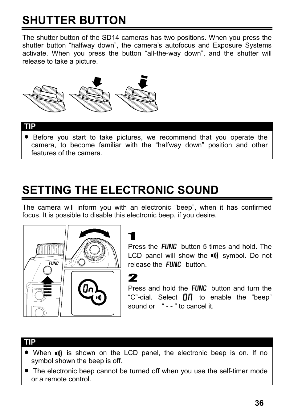 Shutter button, Setting the electronic sound | SIGMA SD14 User Manual | Page 37 / 124