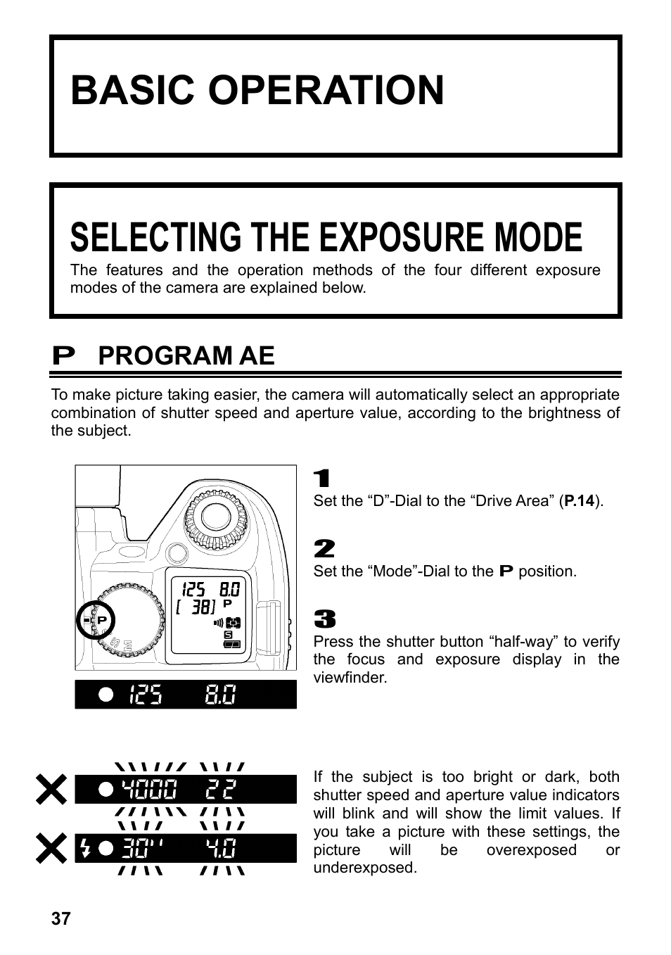 Basic operation, Selecting the exposure mode, P program ae | SIGMA SD14 User Manual | Page 38 / 124