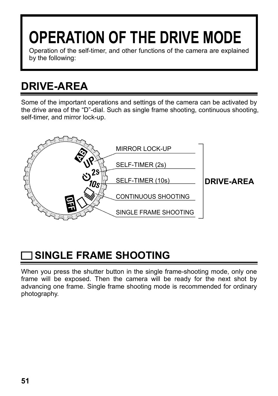 Operation of the drive mode, Drive-area, Single frame shooting | SIGMA SD14 User Manual | Page 52 / 124