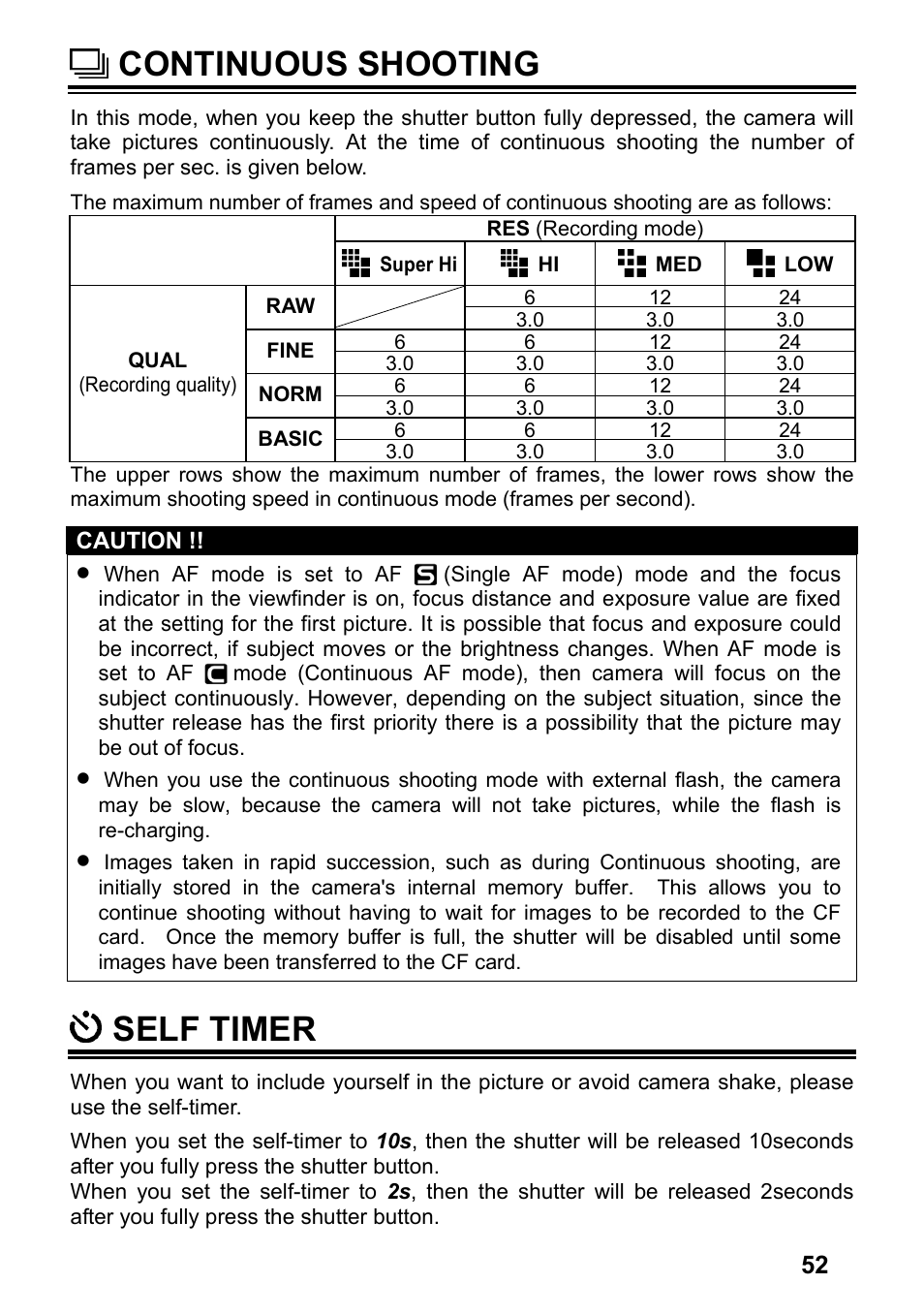 Continuous shooting, Self timer | SIGMA SD14 User Manual | Page 53 / 124