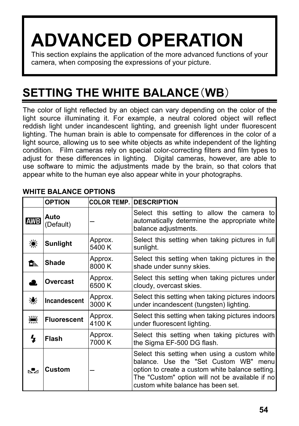 Advanced operation, Setting the white balance （ wb | SIGMA SD14 User Manual | Page 55 / 124