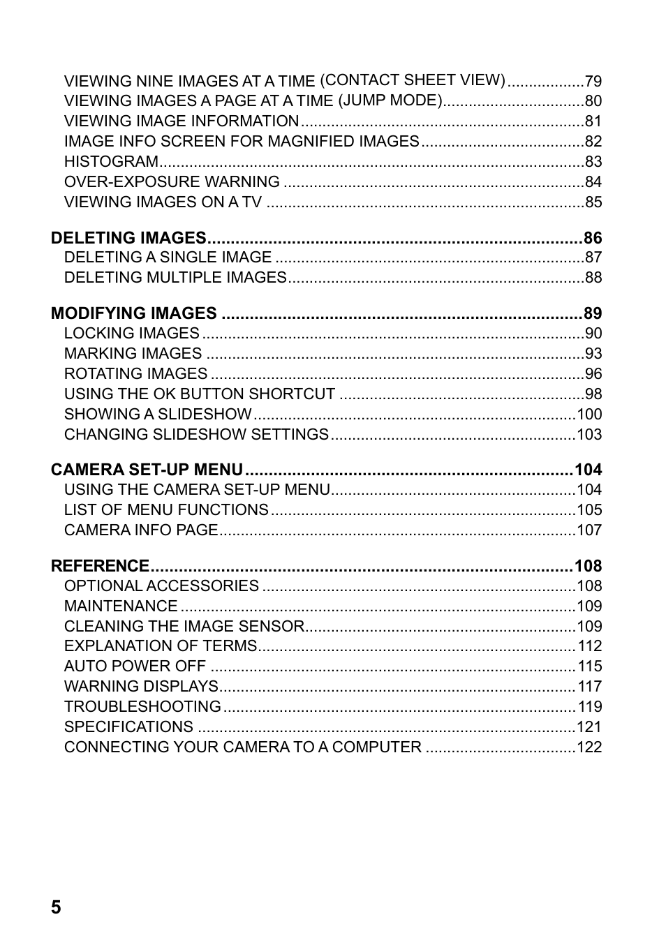 Deleting images, Modifying images, Camera set-up menu | Reference | SIGMA SD14 User Manual | Page 6 / 124