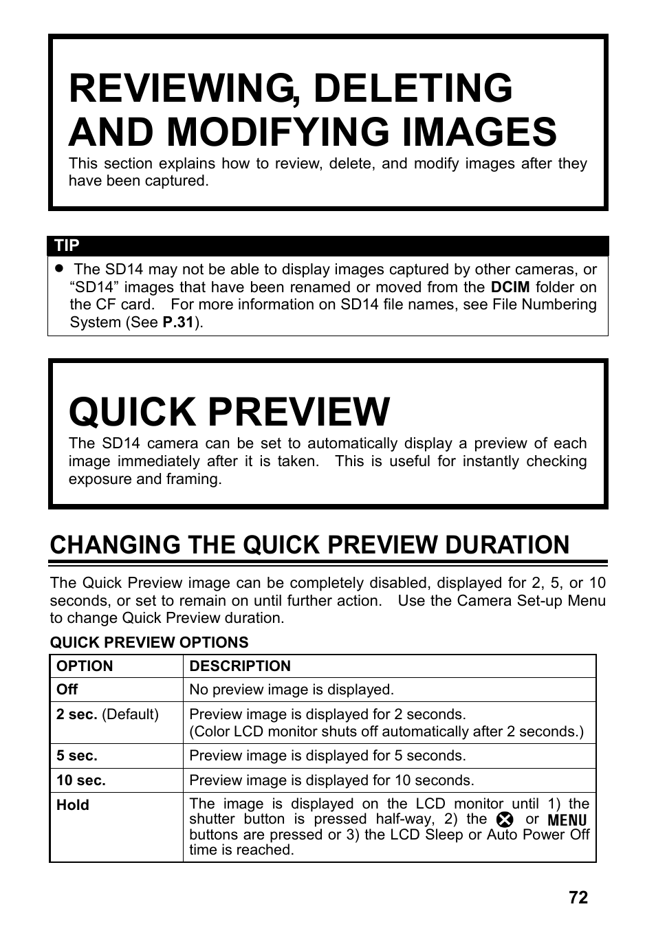 Reviewing, deleting and modifying images, Quick preview, Changing the quick preview duration | SIGMA SD14 User Manual | Page 73 / 124