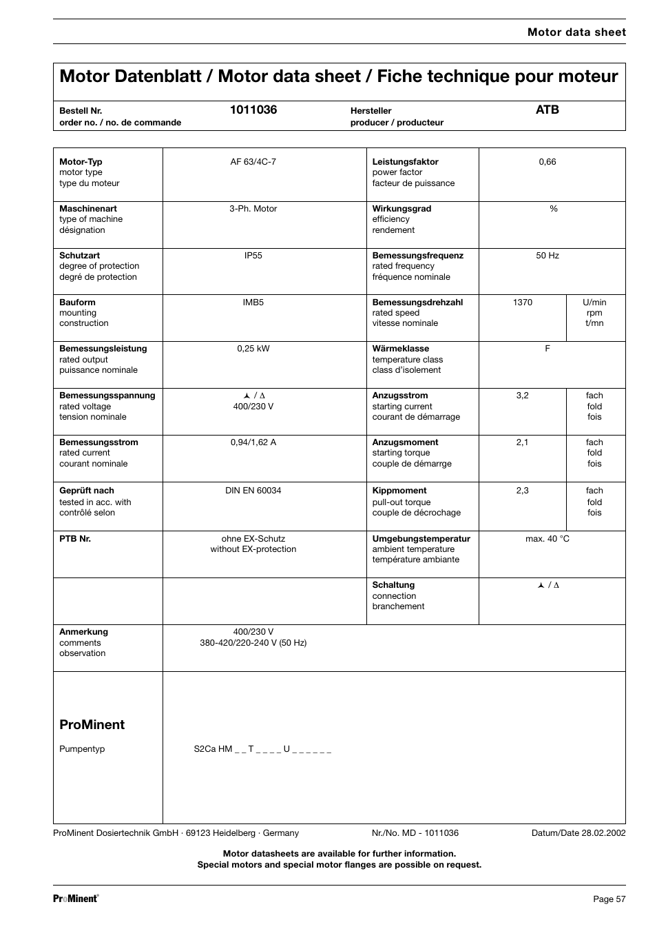 Prominent, Dulcodes uv-desinfektionsanlage, Motor data sheet | SIGMA S2Ba User Manual | Page 57 / 63