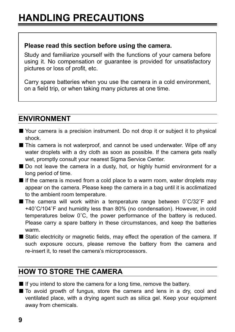 Handling precautions, Environment, How to store the camera | SIGMA DP1 User Manual | Page 10 / 112