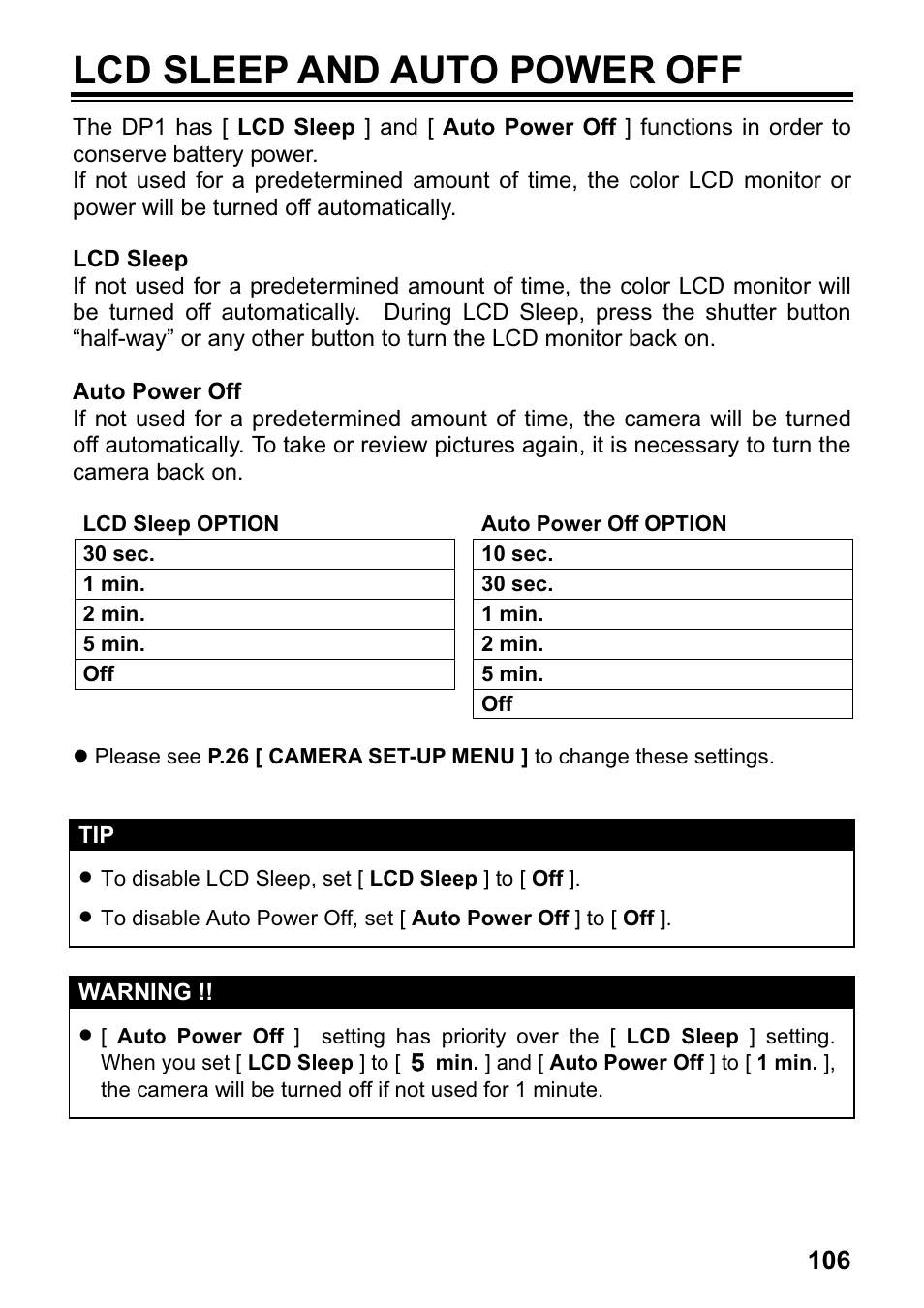 Lcd sleep and auto power off | SIGMA DP1 User Manual | Page 107 / 112
