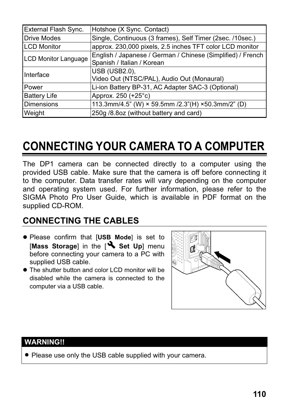 Connecting your camera to a computer, Connecting the cables | SIGMA DP1 User Manual | Page 111 / 112