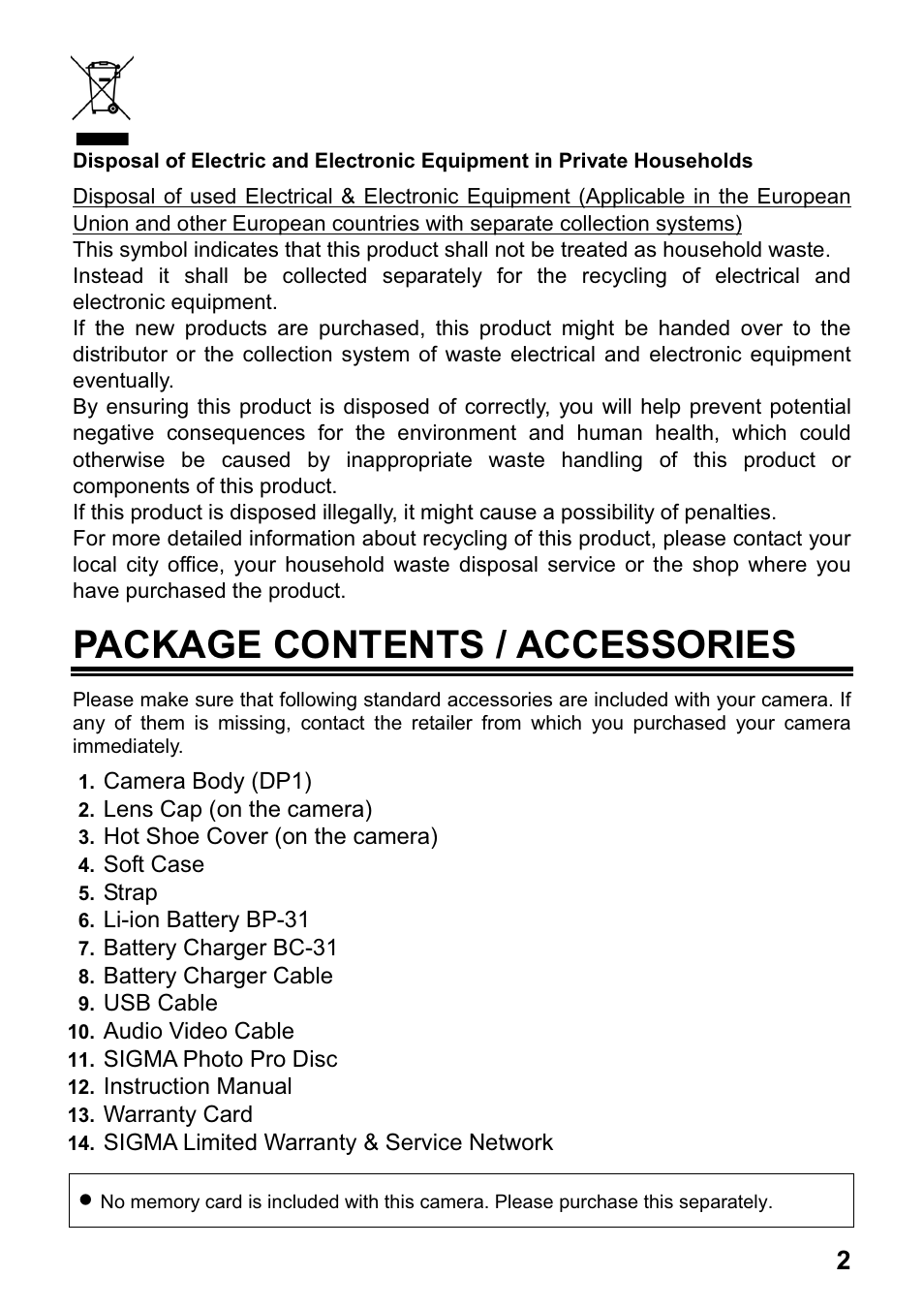 Package contents / accessories | SIGMA DP1 User Manual | Page 3 / 112