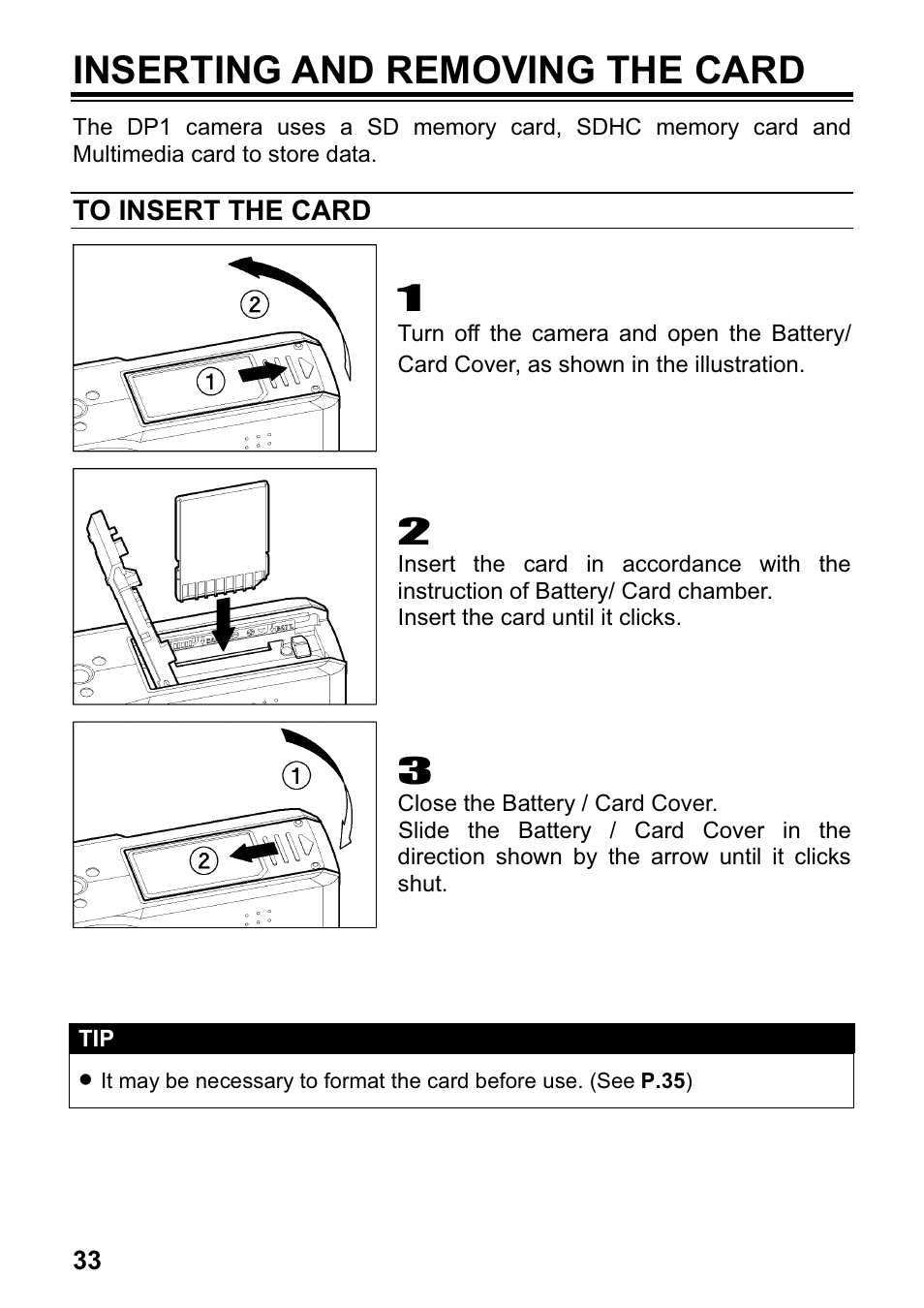 Inserting and removing the card | SIGMA DP1 User Manual | Page 34 / 112
