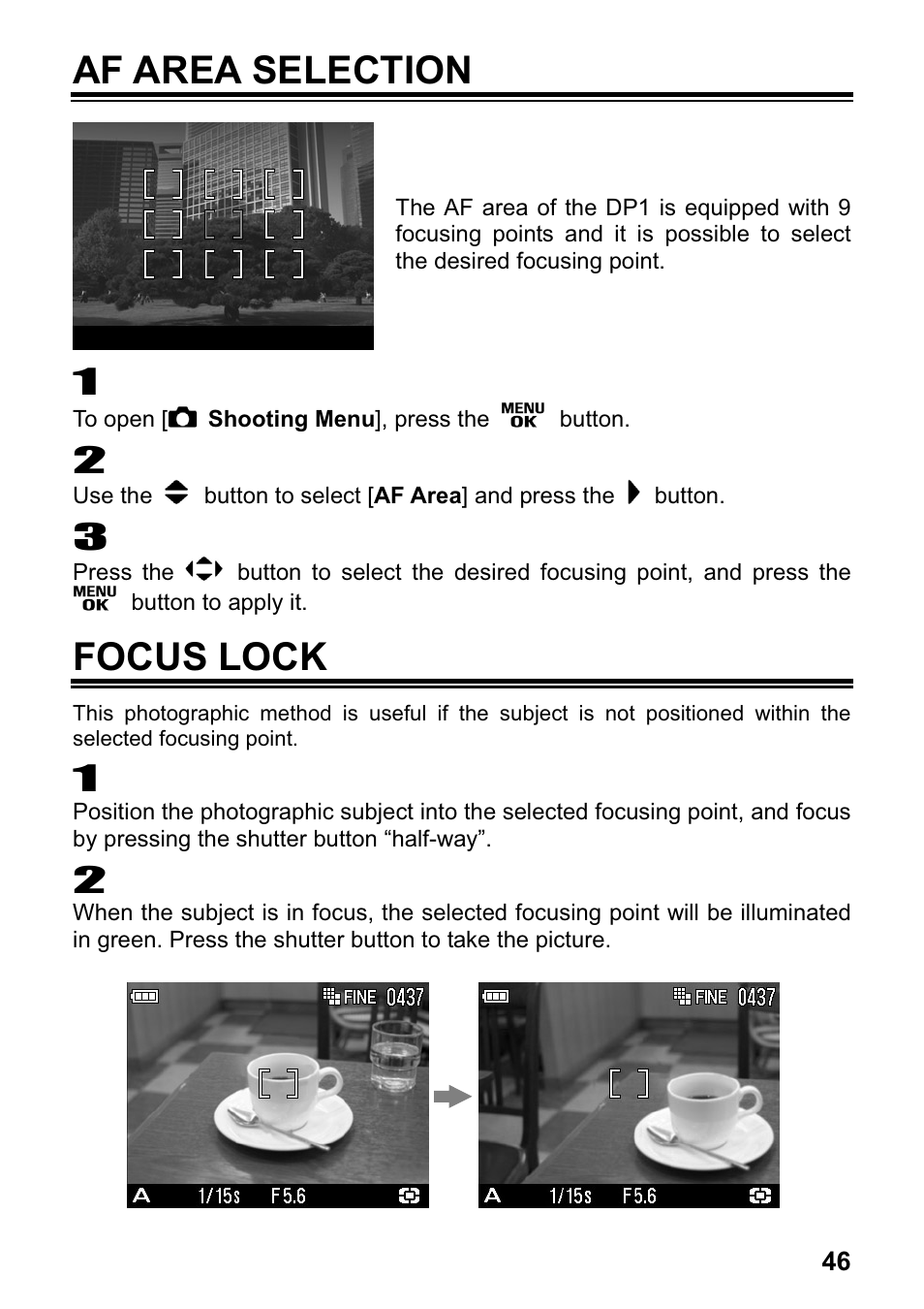 Af area selection, Focus lock | SIGMA DP1 User Manual | Page 47 / 112