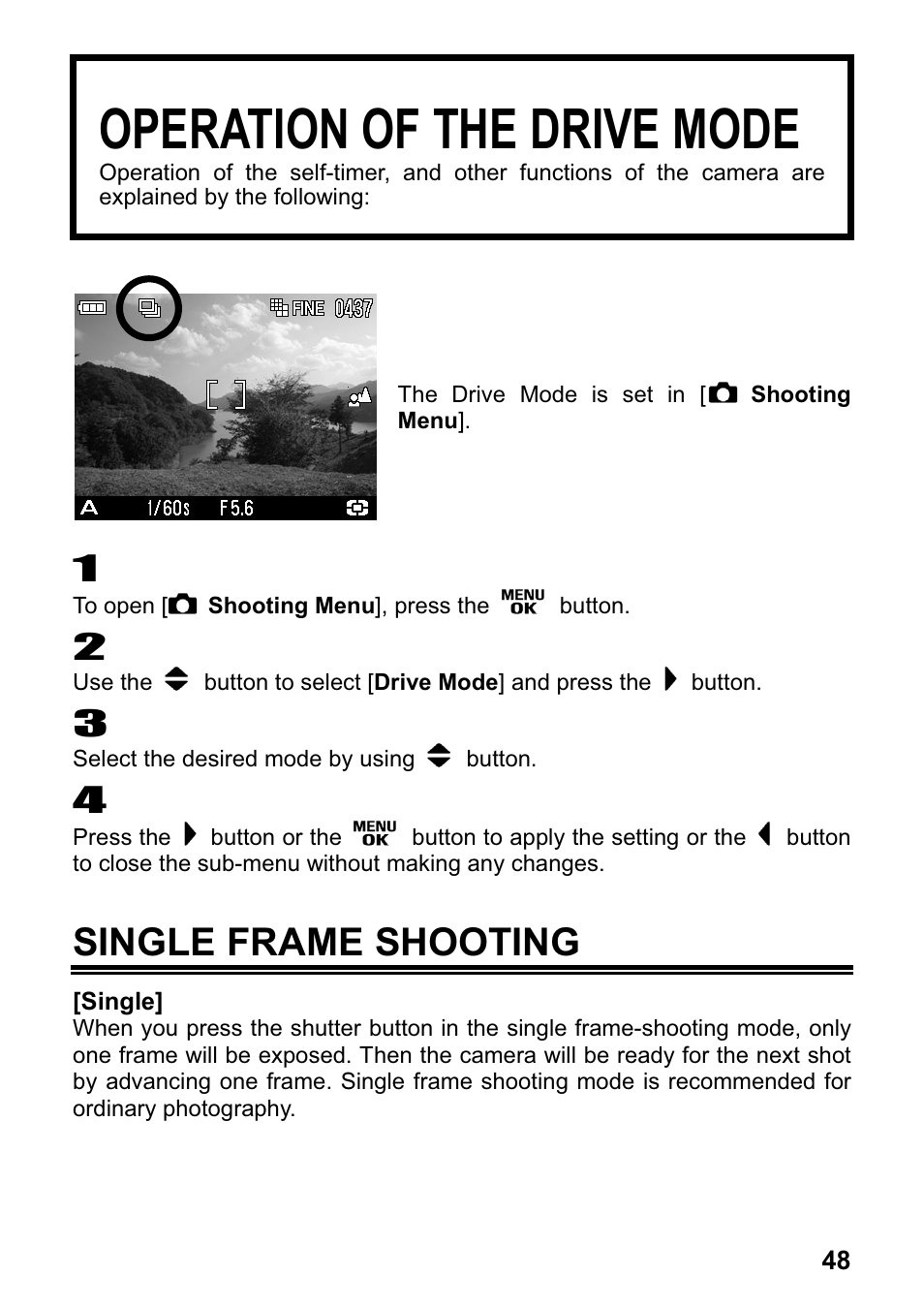 Operation of the drive mode, Single frame shooting | SIGMA DP1 User Manual | Page 49 / 112