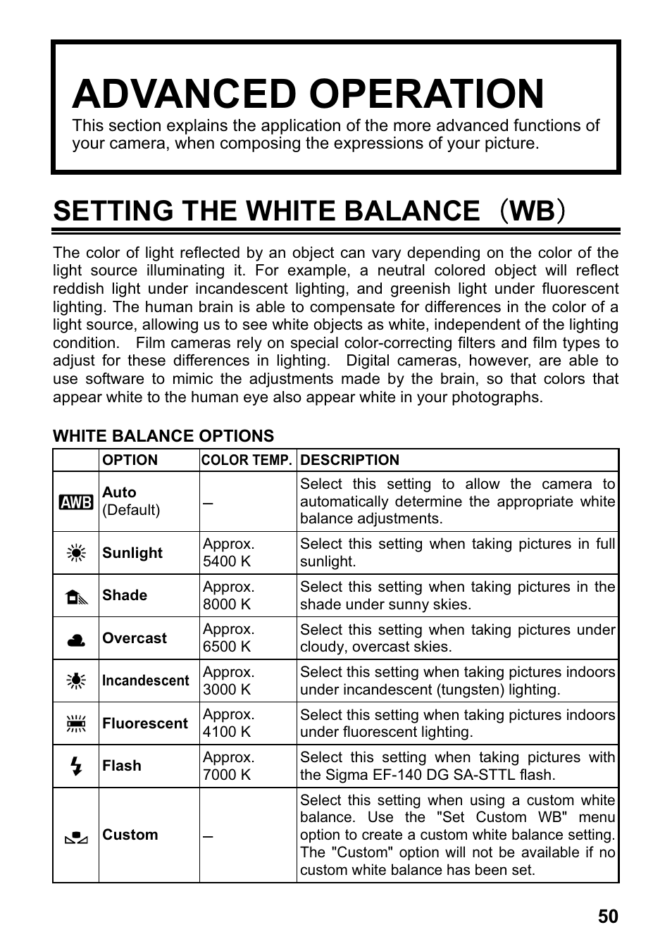 Advanced operation, Setting the white balance 㧔 wb 㧕 | SIGMA DP1 User Manual | Page 51 / 112