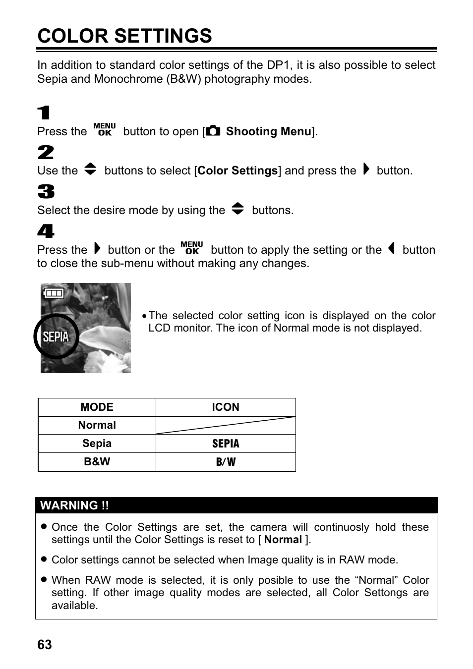 Color settings | SIGMA DP1 User Manual | Page 64 / 112