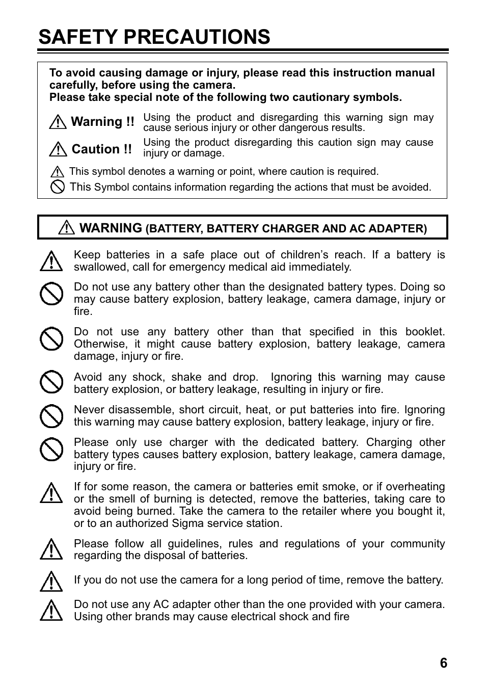 Safety precautions | SIGMA DP1 User Manual | Page 7 / 112