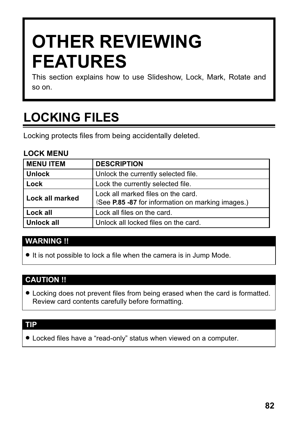 Other reviewing features, Locking files | SIGMA DP1 User Manual | Page 83 / 112