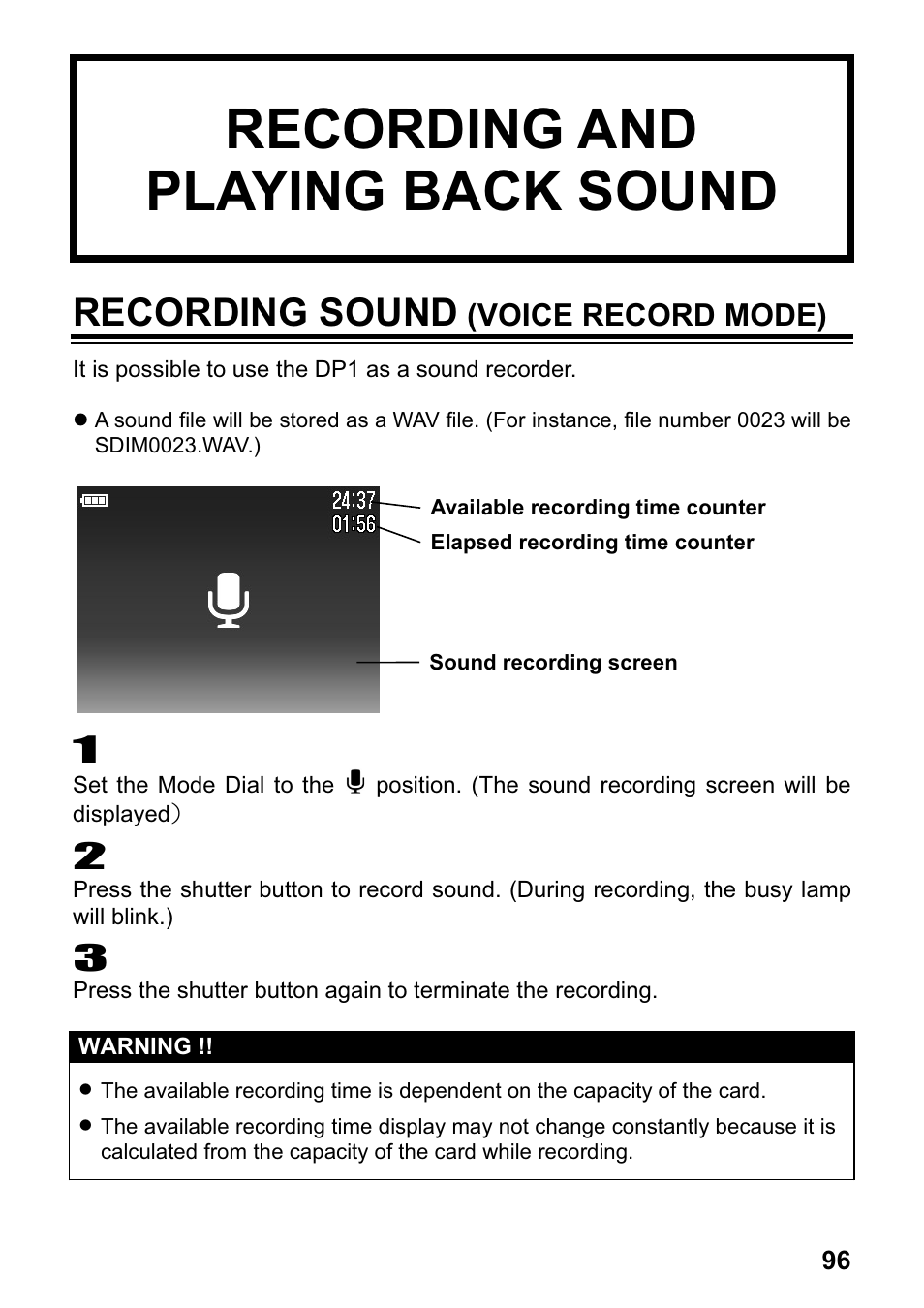 Recording and playing back sound, Recording sound | SIGMA DP1 User Manual | Page 97 / 112