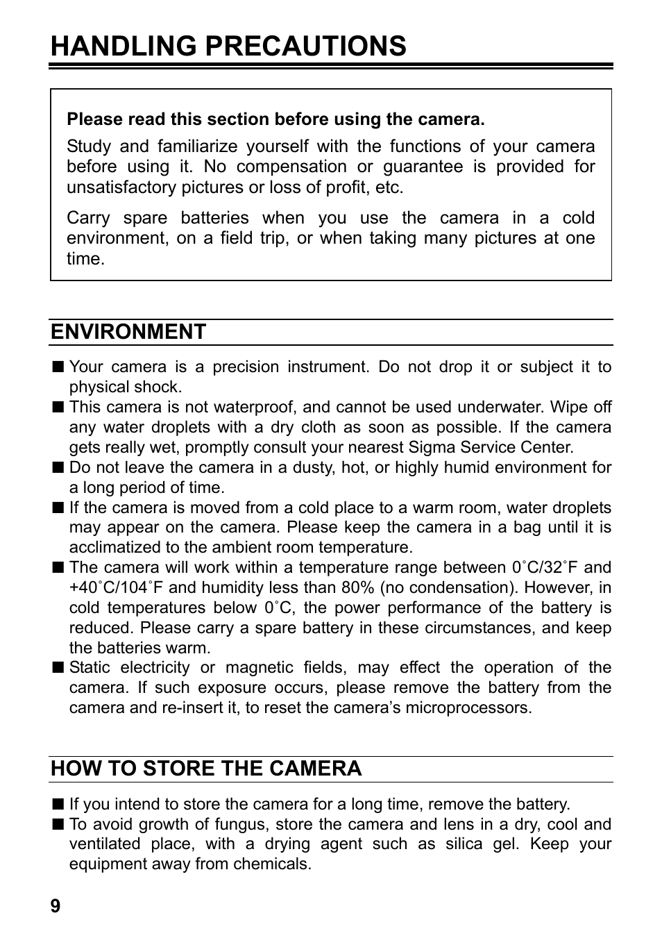 Handling precautions, Environment, How to store the camera | SIGMA DP2 User Manual | Page 10 / 120