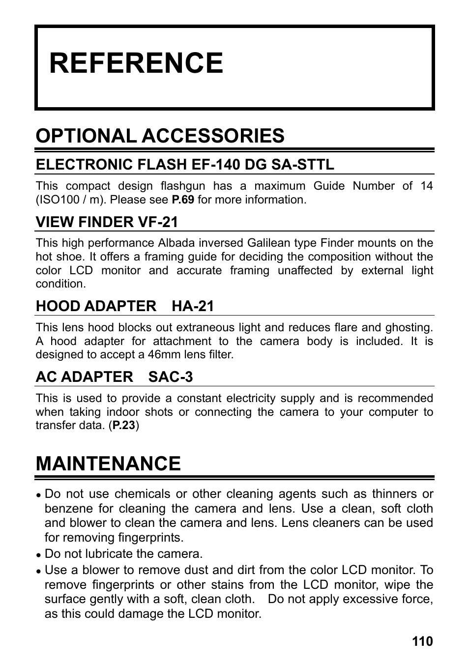 Reference, Optional accessories, Maintenance | SIGMA DP2 User Manual | Page 111 / 120