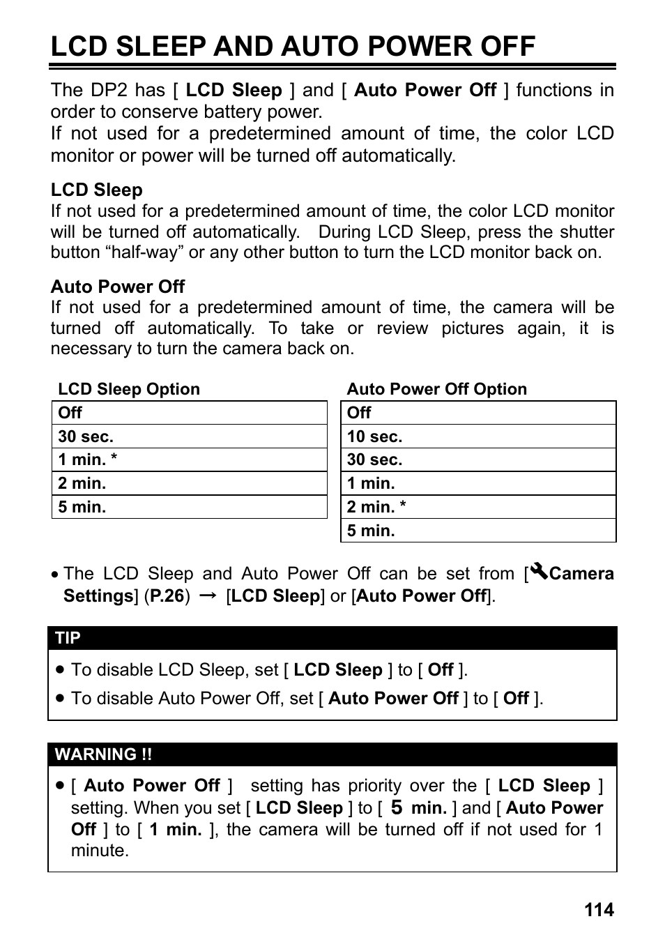 Lcd sleep and auto power off | SIGMA DP2 User Manual | Page 115 / 120