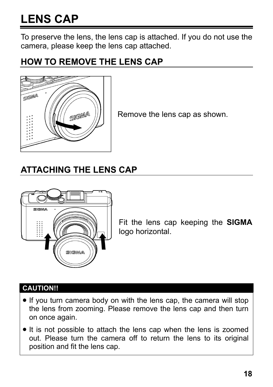 Lens cap, How to remove the lens cap, Attaching the lens cap | SIGMA DP2 User Manual | Page 19 / 120
