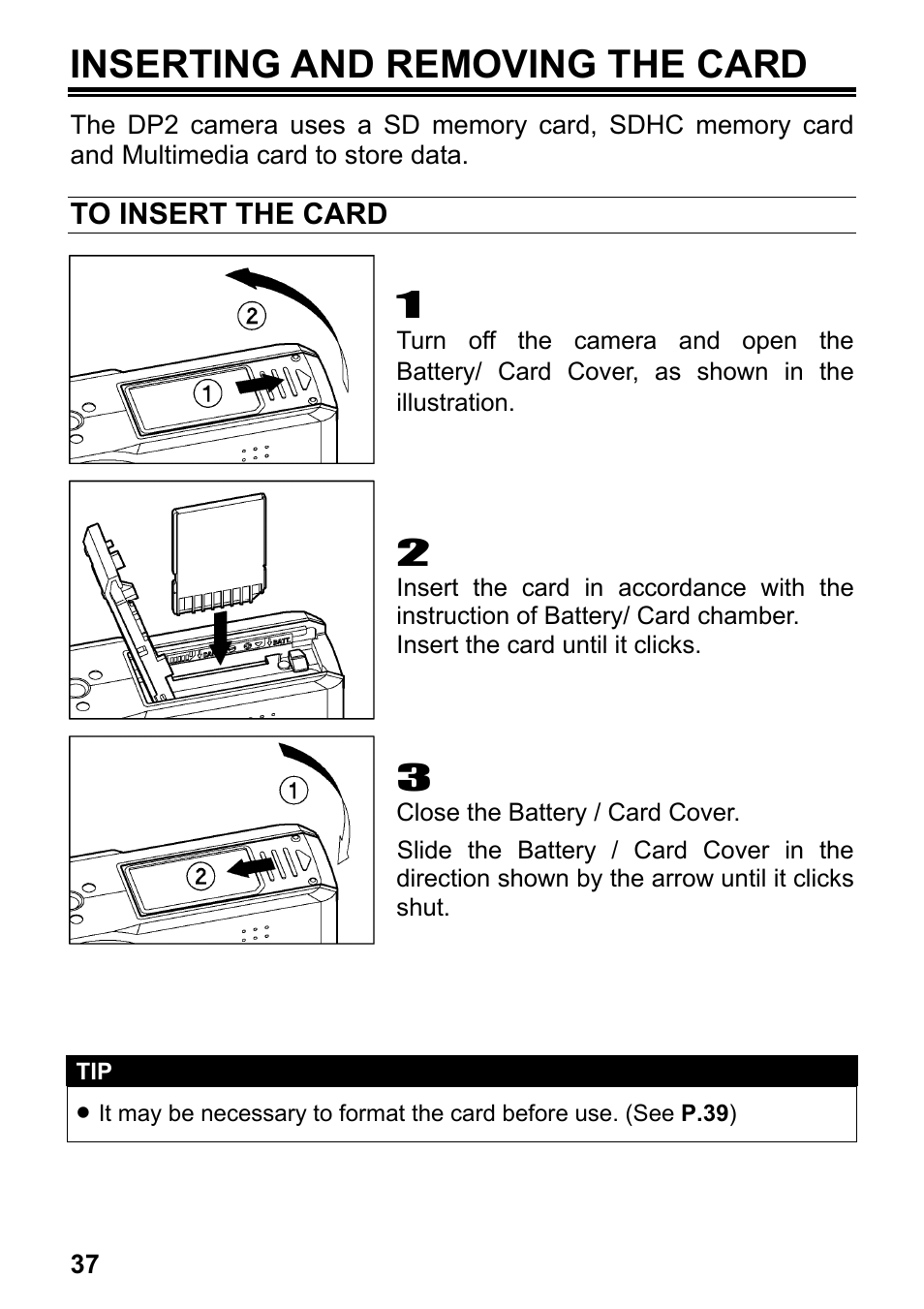 Inserting and removing the card | SIGMA DP2 User Manual | Page 38 / 120