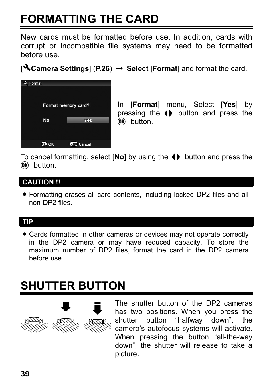 Formatting the card, Shutter button | SIGMA DP2 User Manual | Page 40 / 120