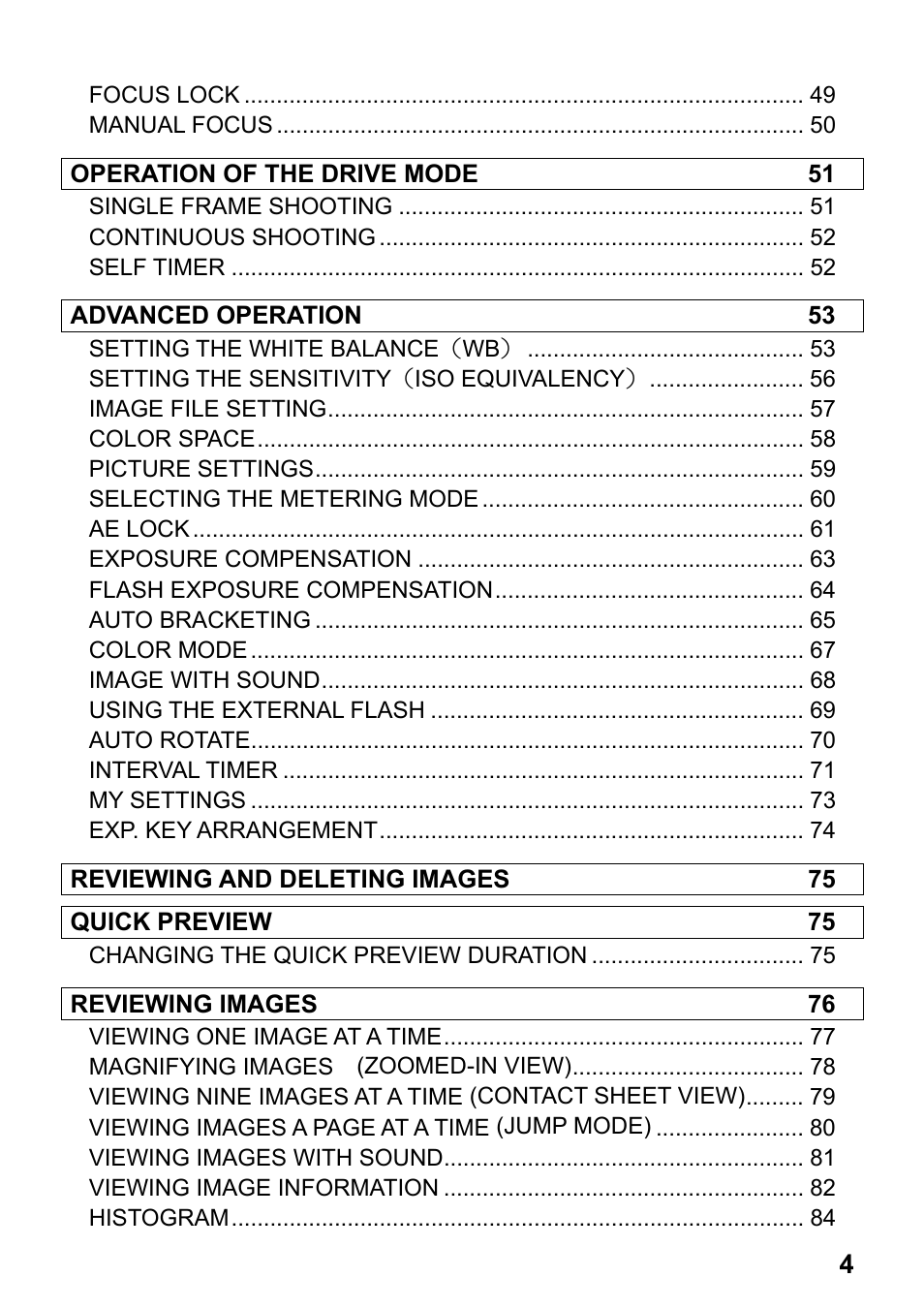 Operation of the drive mode 51, Advanced operation 53, Reviewing and deleting images 75 | Quick preview 75, Reviewing images 76 | SIGMA DP2 User Manual | Page 5 / 120